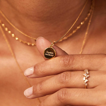 Gold Small Round Engraved Disc Necklace