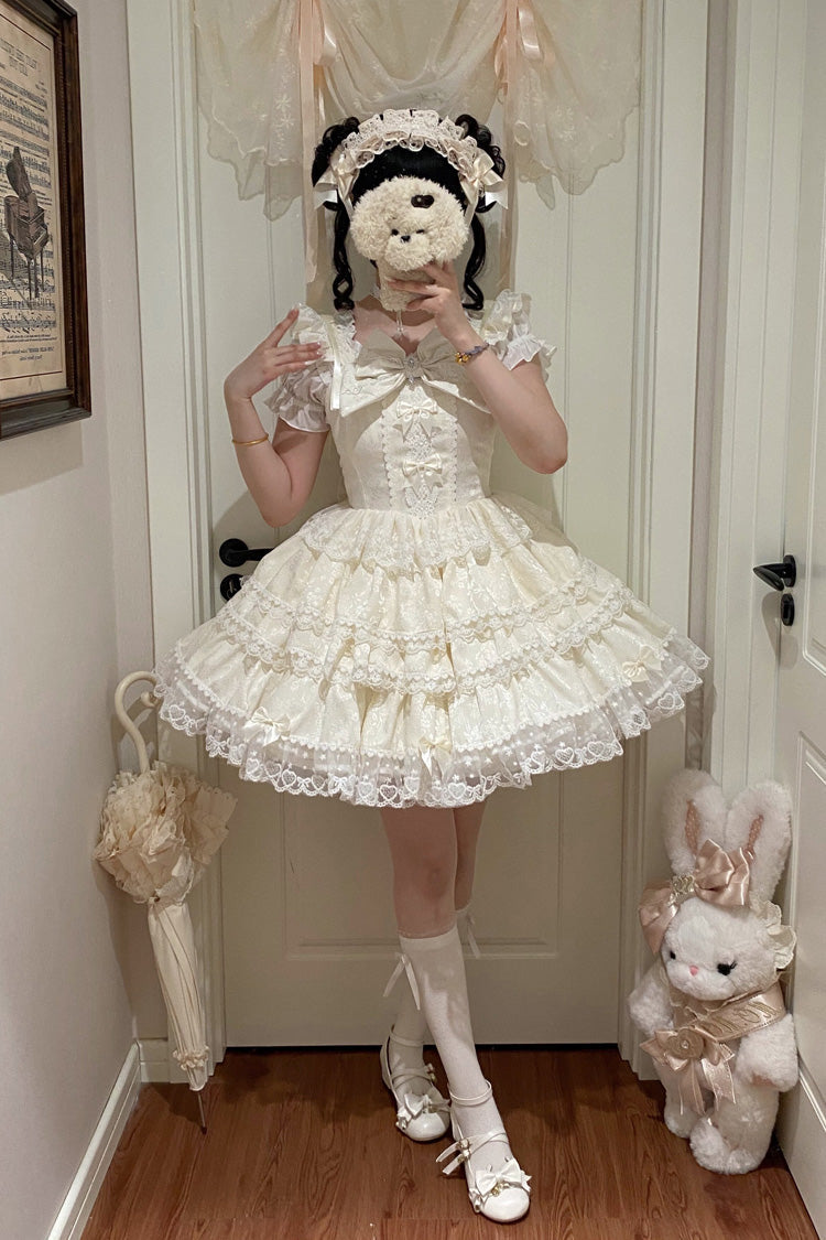 Beige [Sweet Mist Cherry Romance] Sleeveless Multi-Layered Hanayome Bow Lace Lolita Jsk Dress