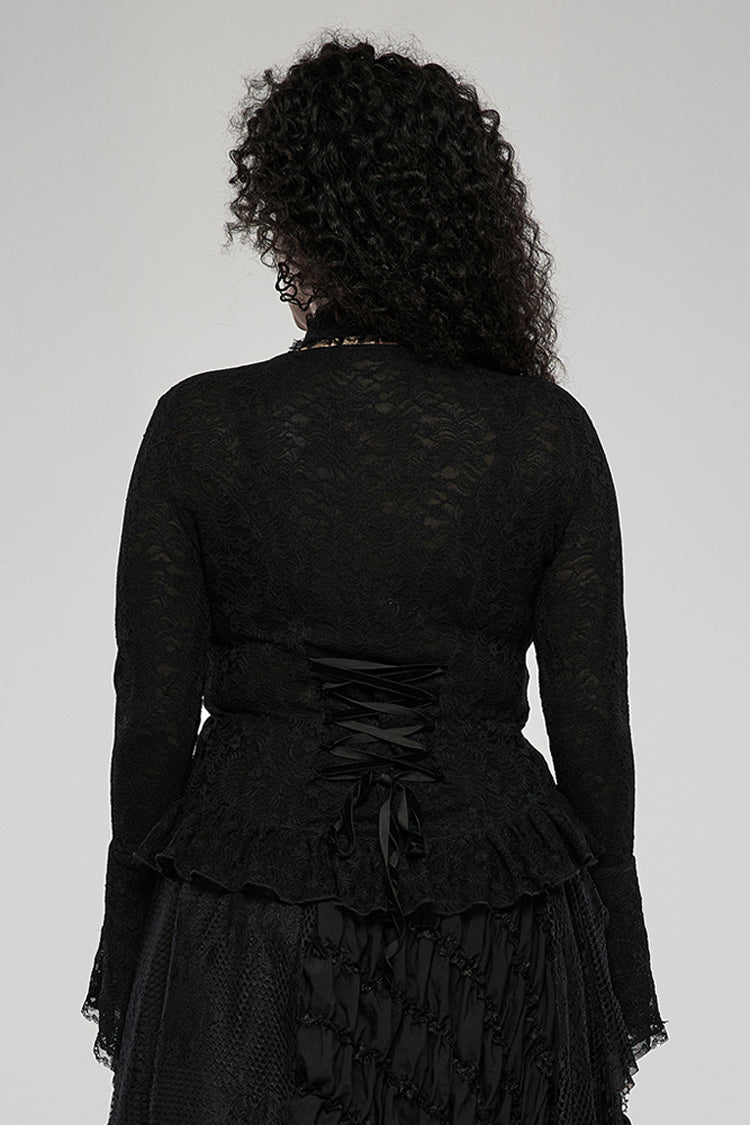 Black Elasticity Lace Fabric Sexy Perspective Embroidery Decoration Cross Rope Trumpet Sleeve Women's Plus Size Gothic T-Shirt