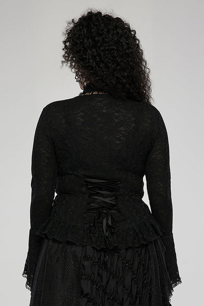 Black Elasticity Lace Fabric Sexy Perspective Embroidery Decoration Cross Rope Trumpet Sleeve Women's Plus Size Gothic T-Shirt