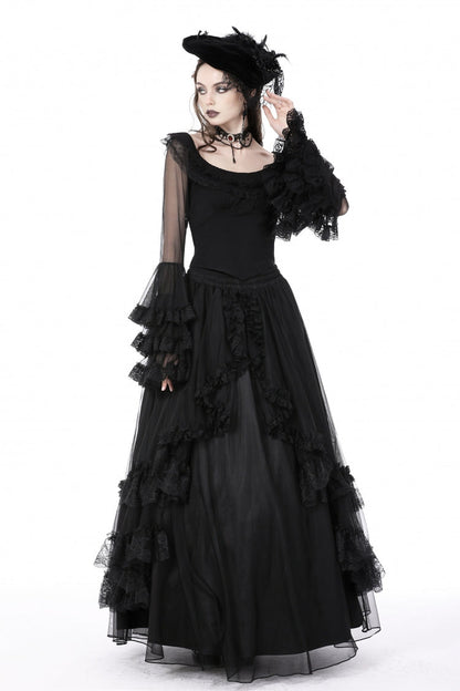 Black Multi-Layered Ruffled Lace Long Trumpet Sleeves Women's Gothic Princess Sexy Top