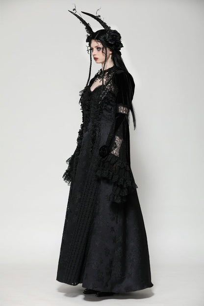 Black Long Puff Flared Sleeves Ruffled Lace Spliced Velvet Women's Gothic Cape