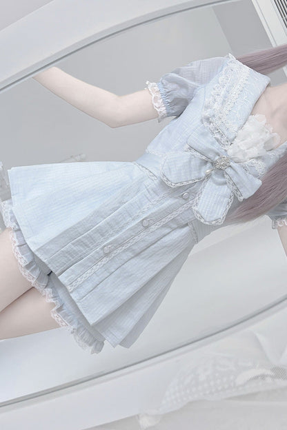 Aqua [Serenade] Short Sleeves Ruffle Bowknot Lace Sweet Jirai Kei Dress Set