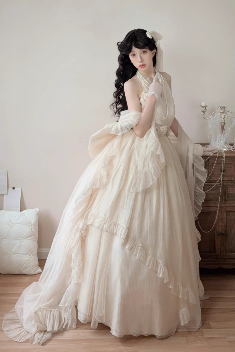 Apricot Halterneck Sleeveless Ruffle Bowknot Lace Sweet Princess Lolita Jsk Long Dress Set