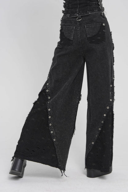 Black Cut-Out Spliced Mesh Eyelet Women's Punk Layered Ripped Pants