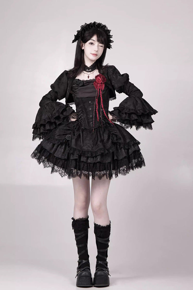 Black  [Letters & Poems · Twilight] Multi-Layered Jacquard Ruffled Witch Gothic Lolita Skirt 2 Versions