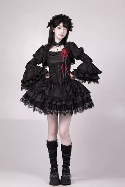 Black  [Letters & Poems · Twilight] Multi-Layered Jacquard Ruffled Witch Gothic Lolita Skirt 2 Versions