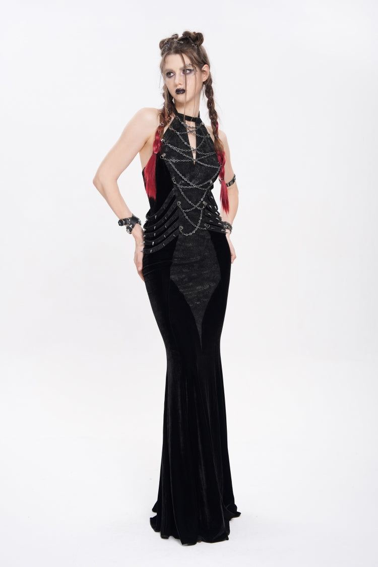 Black Halterneck Sleeveless Rivet Straps Chain Women's Punk Dress