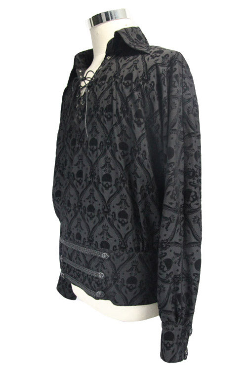 Black Lace Up Neckline Skull Printed Mens Gothic Blouse