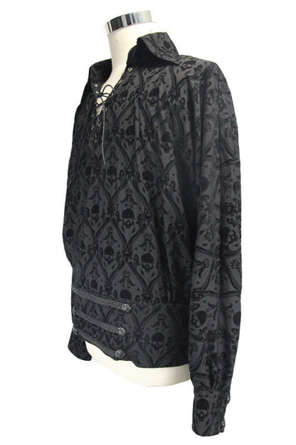 Black Lace Up Neckline Skull Printed Mens Gothic Blouse