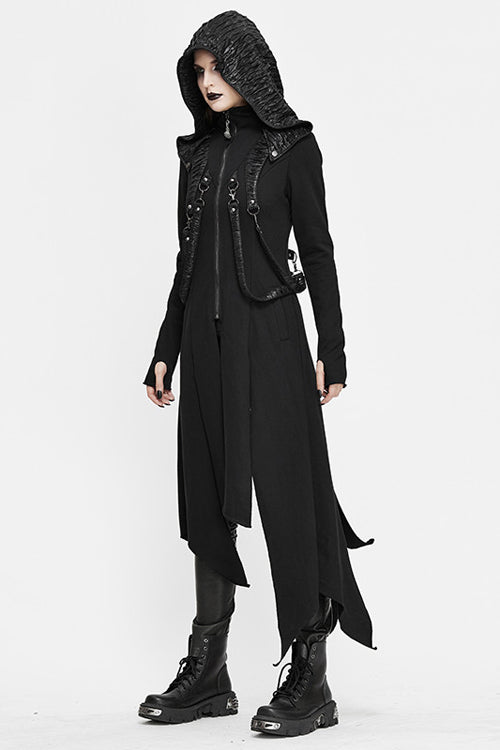 Black Hooded Slim Knitted Long Womens Punk Coat