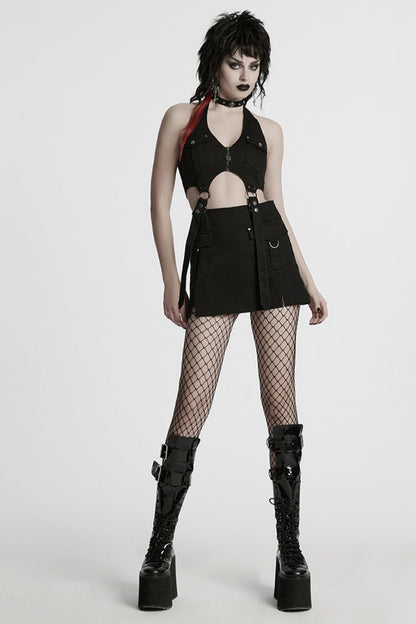 Black Halterneck Women's Punk Tank Top with Skirt Set