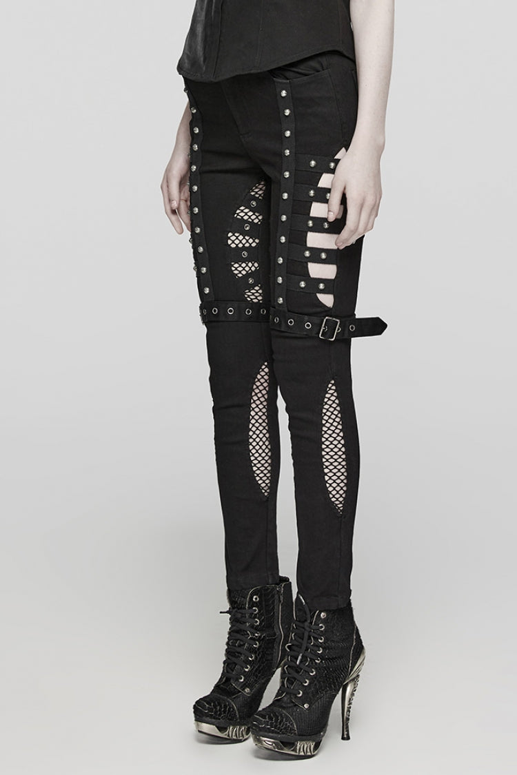 Black Mesh Women's Punk Cutout Eyelet Jeans