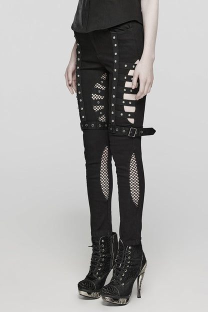 Black Mesh Women's Punk Cutout Eyelet Jeans