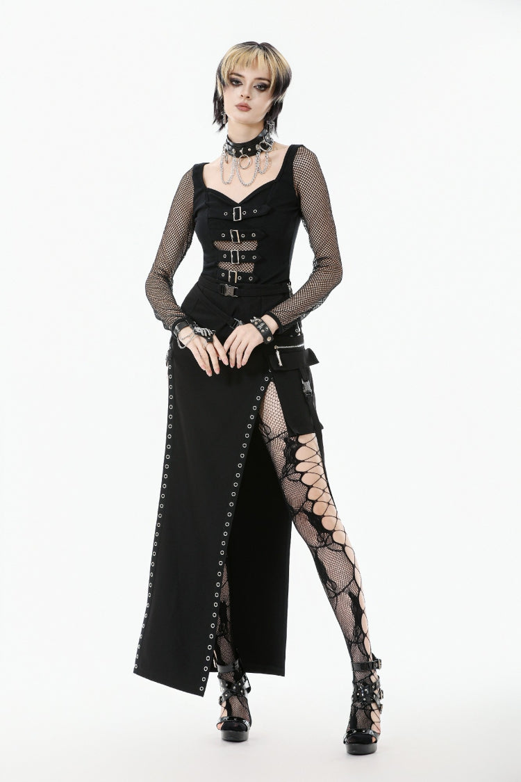 Black Mesh Spliced Long Sleeves Buckled Strap Eyelet Women's Punk Top
