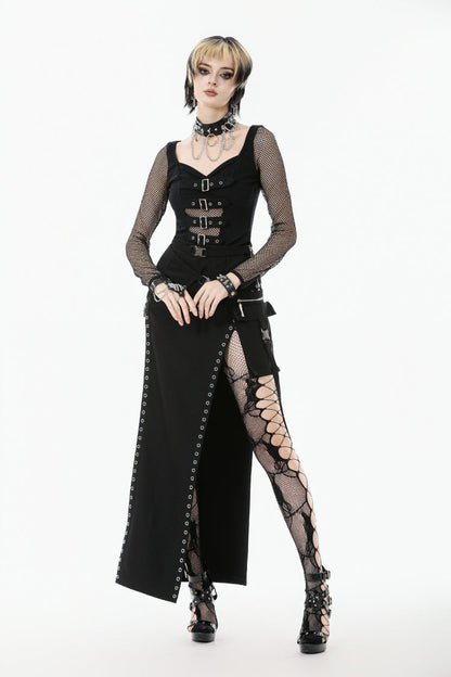 Black Mesh Spliced Long Sleeves Buckled Strap Eyelet Women's Punk Top