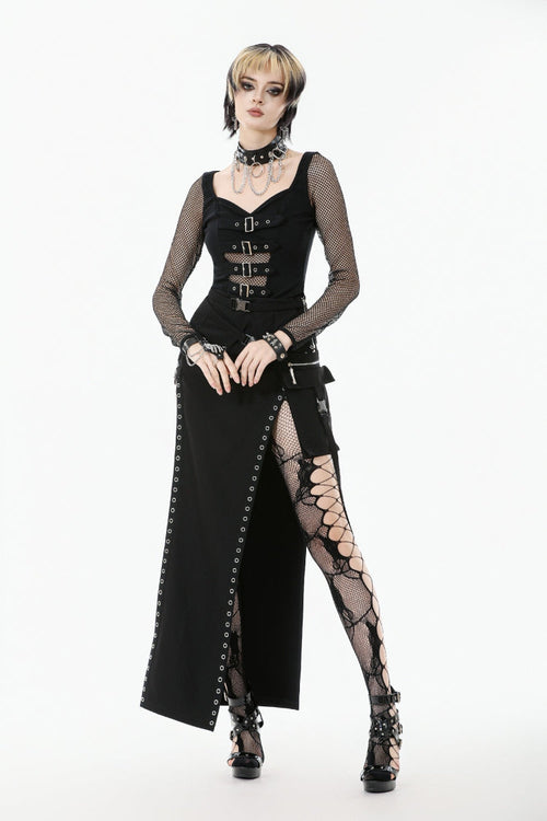 Black Mesh Spliced Long Sleeves Buckled Strap Eyelet Women's Punk Top