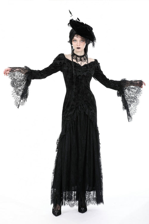 Black Off Shoulder Lace Long Trumpet Sleeves Lace-Up Women's Gothic Bodycon Dress