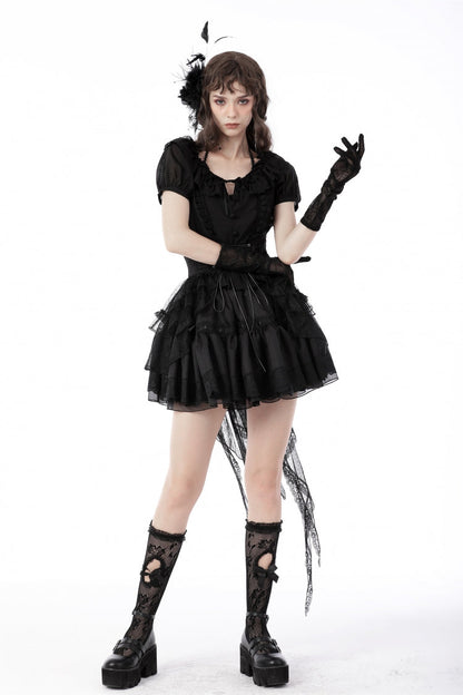 Black Lace-Up Multi-Layered Lace Women's Gothic Fishtail High Low Tunic Skirt