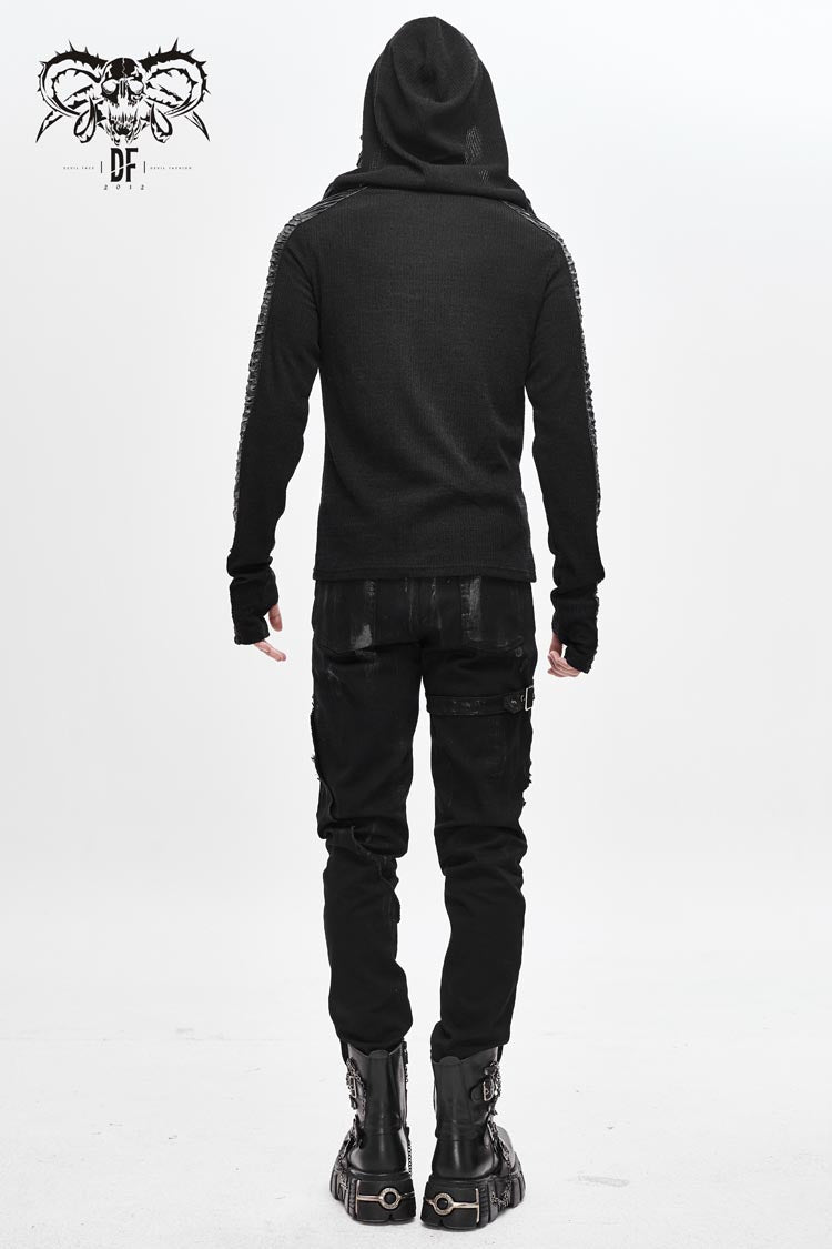 Black Chest Lace Up Vertical Stripes Woolen Splice Bright Crimped Fabric Hooded Men's Punk T-Shirt