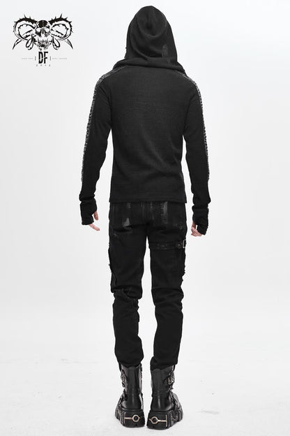 Black Chest Lace Up Vertical Stripes Woolen Splice Bright Crimped Fabric Hooded Men's Punk T-Shirt