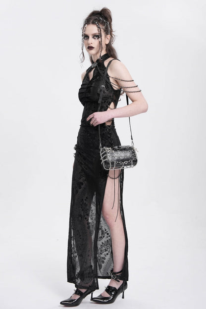 Black Halterneck Sleeveless Cheongsam Collar Side Slit Embroidery Women's Gothic Dress