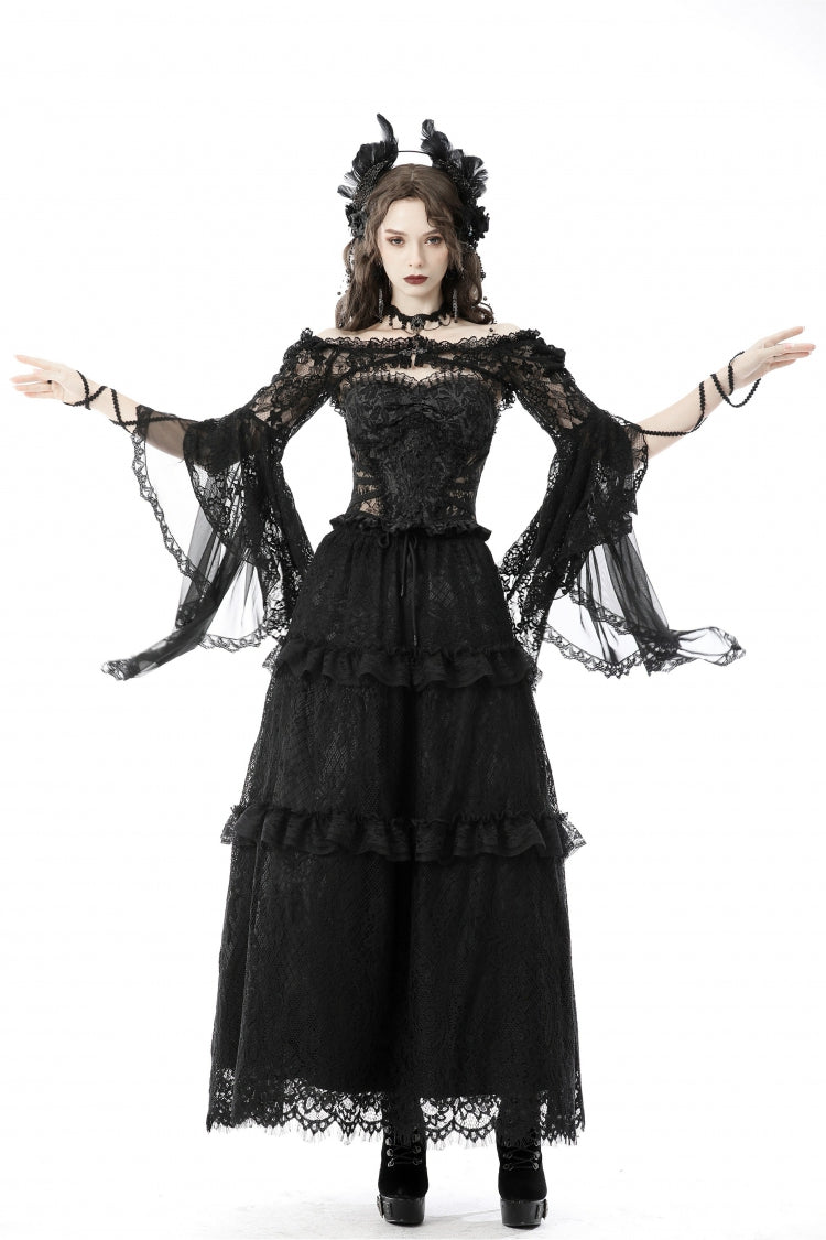 Black Off Shoulder Lace Long Trumpet Sleeves Floral Mesh Women's Gothic Cape