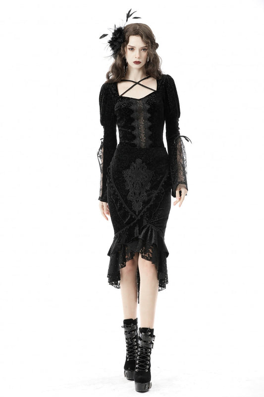 Black Jacquard Lace Lace-Up Women's Gothic Dovetail Wrap Skirt