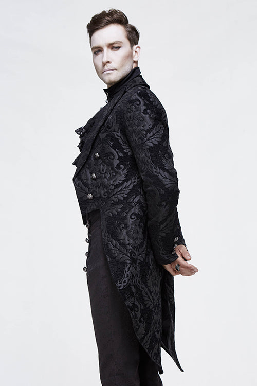 Black Gothic Jacquard Mens Coat With Slit