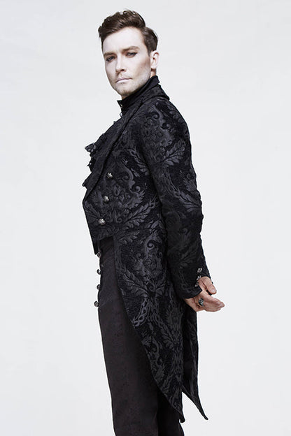 Black Gothic Jacquard Mens Coat With Slit
