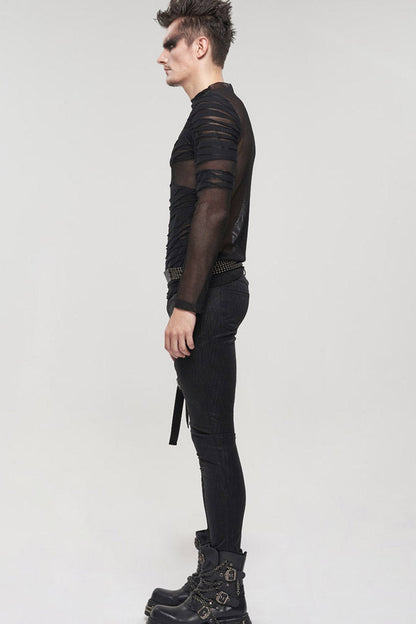 Black Gothic Bandage Design Net Yarn Perspective Men's Sweater
