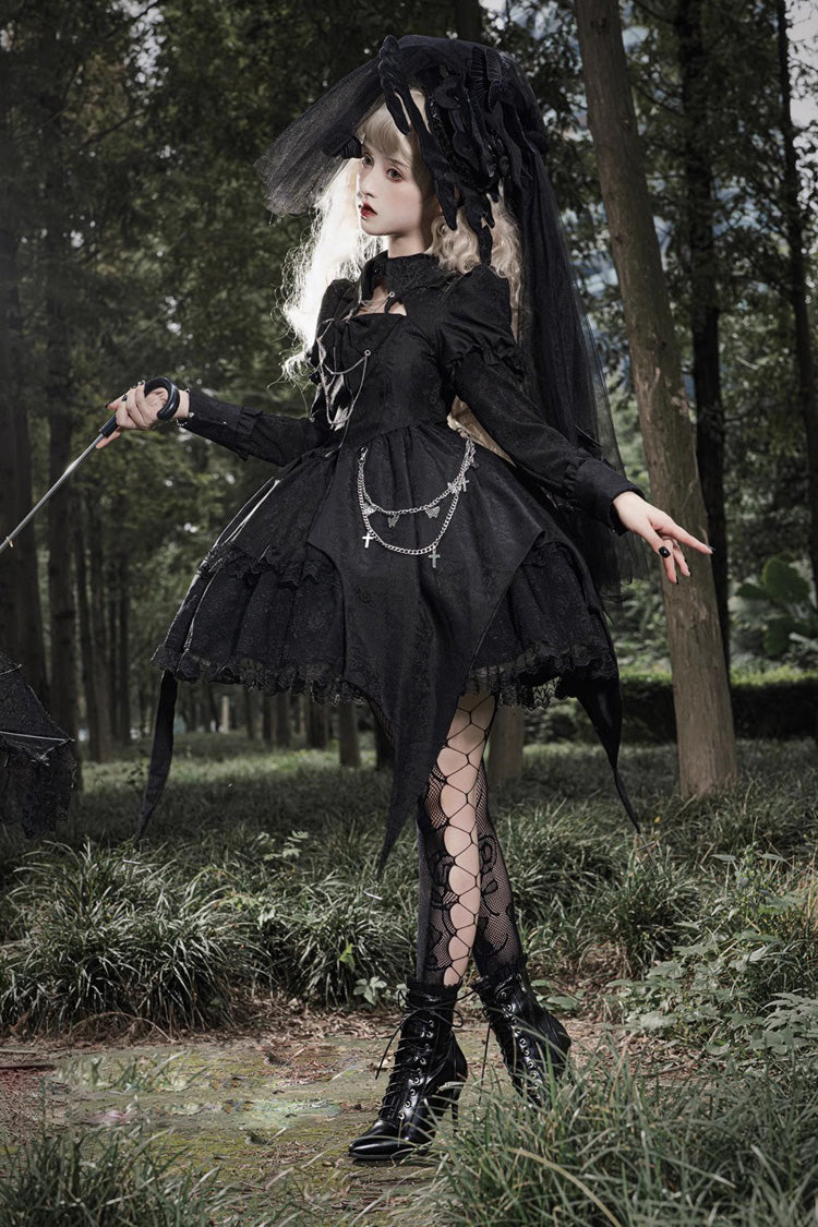 Black Dark Night Law Long Sleeves High Waisted Cardigan Bowknot Lace Gothic Lolita Dress