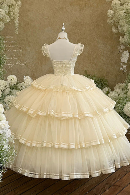 Apricot [Sweet Organza Satin] Sleeveless Multi-Layered Ruffled Hanayome Bow Lace Sweet Elegant Princess Lolita Jsk Dress