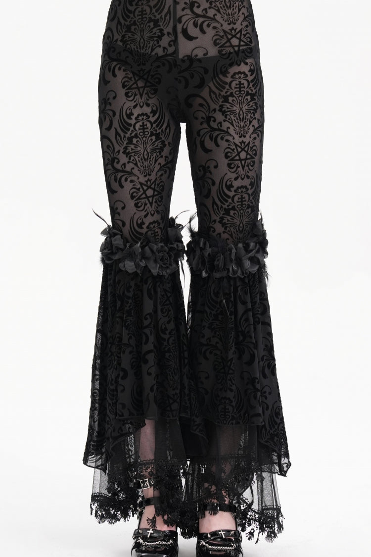 Black Embroidery Lace Sheer Mesh Tassels Women's Gothic Pants