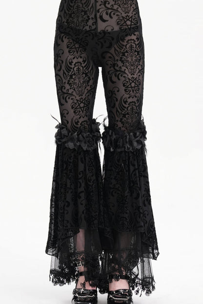 Black Embroidery Lace Sheer Mesh Tassels Women's Gothic Pants