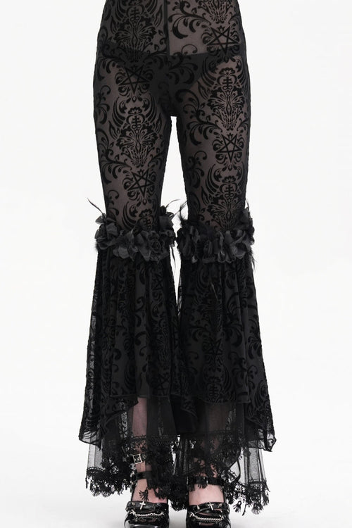 Black Embroidery Lace Sheer Mesh Tassels Women's Gothic Pants