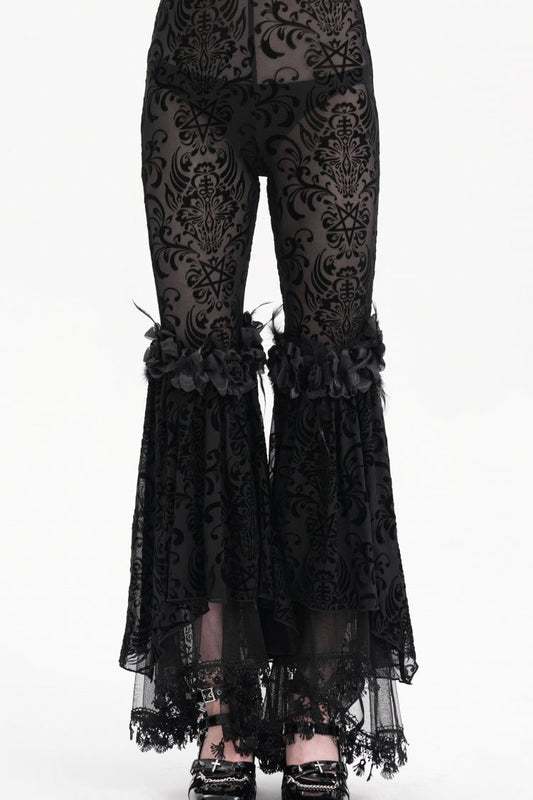 Black Embroidery Lace Sheer Mesh Tassels Women's Gothic Pants
