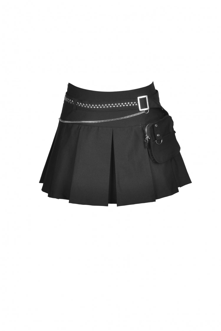 Black Pleated Big-pocket Chain-Decorated Women's Punk Mini Skirt with Belt