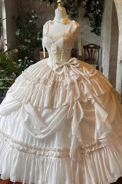 Apricot/Beige [Antique Bride] Sleeveless Multi-Layered Ruffled Bow Lace Sweet Elegant Gorgeous Full Skirt Lolita Jsk Dress