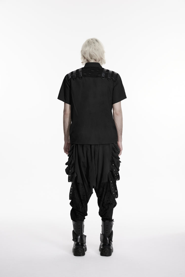 Black Lapel Collar Short Sleeves Cut-Out Spliced Men's Punk Shirt