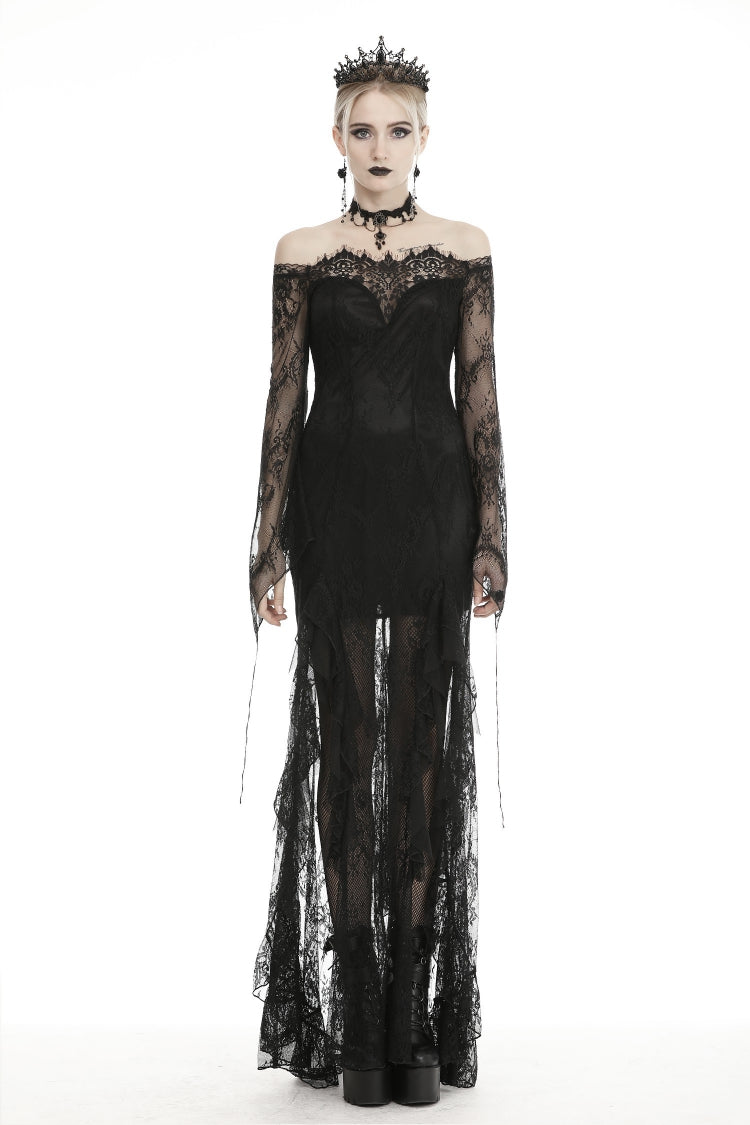 Black Off Shoulder Long Sleeves Lace Lace-Up Women's Gothic Mermaid Wedding Dress