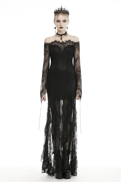 Black Off Shoulder Long Sleeves Lace Lace-Up Women's Gothic Mermaid Wedding Dress