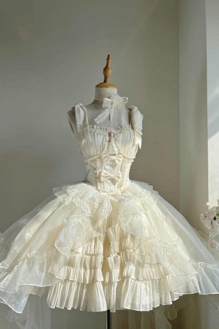 Apricot [Cream Cake] Sleeveless Multi-Layered Ruffle Bowknot Sweet Princess Lolita Jsk Dress Set