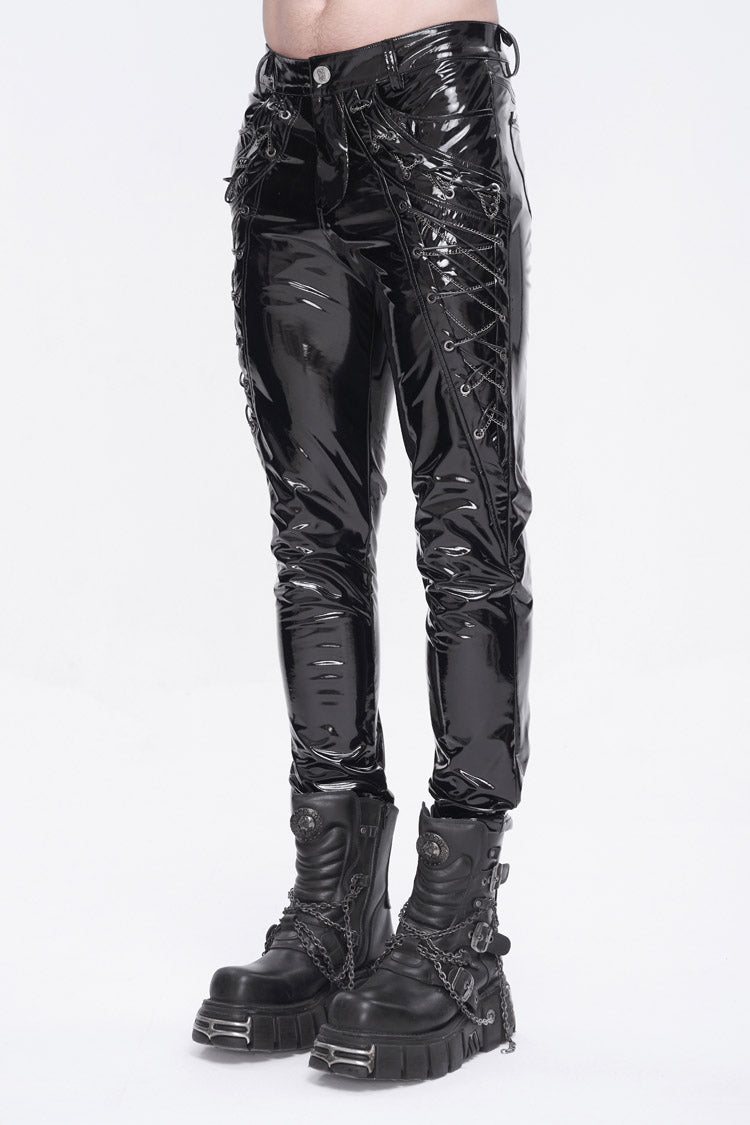 Black Lace Up Patent Leather Men's Punk Pants