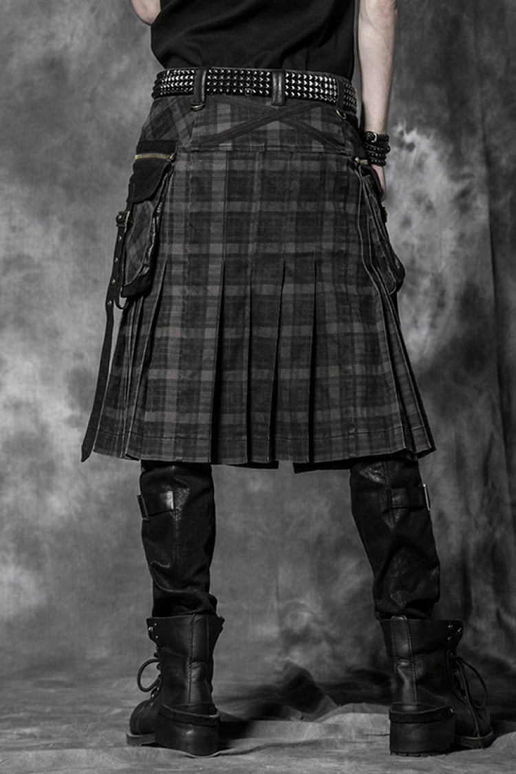 Black Plaid Print Ruffle Men's Steampunk Skirt