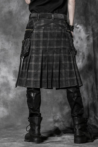 Black Plaid Print Ruffle Men's Steampunk Skirt