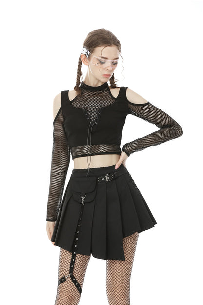 Black Off Shoulder Long Sleeves Lace-Up Chest Straps Sheer Mesh Women's Punk Top