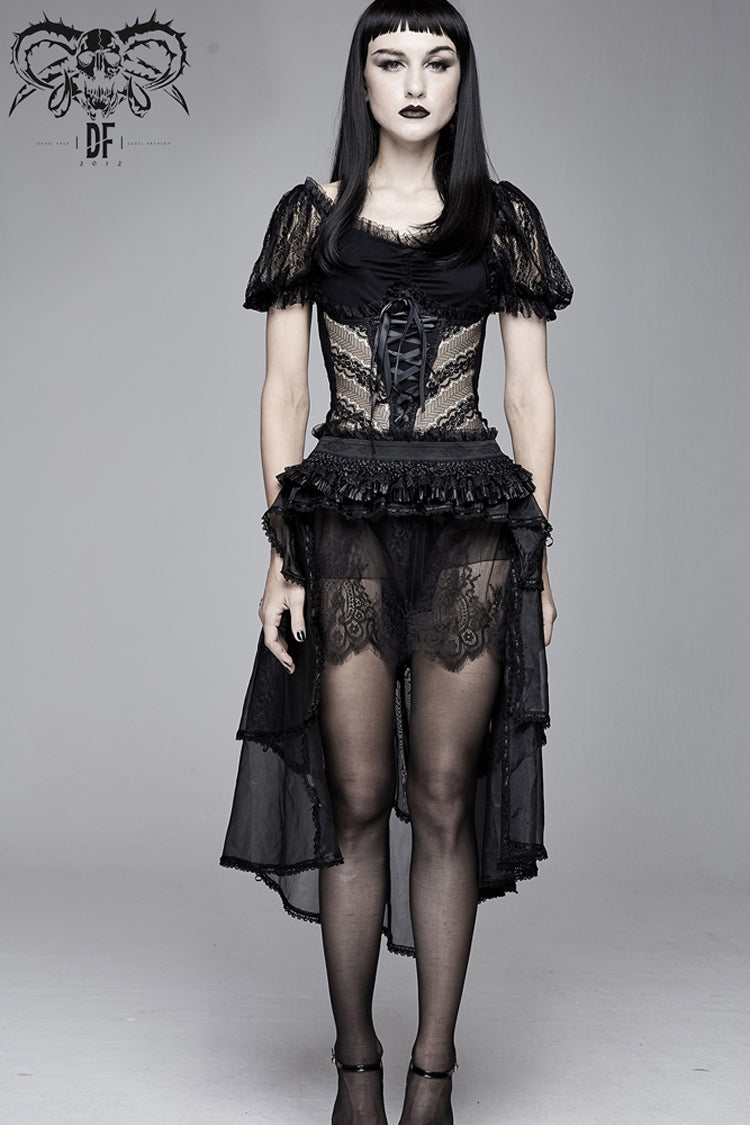 Black Bubble Sleeve Vertical Flower Lace Chest Cross Lace Up Women's Gothic T-Shirt
