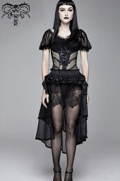 Black Bubble Sleeve Vertical Flower Lace Chest Cross Lace Up Women's Gothic T-Shirt