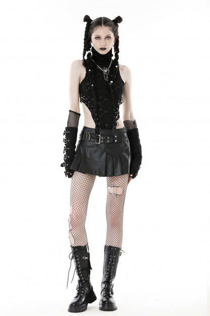 Black Faux Leather Metal Belt Buckled Pleated Women's Punk Mini Skirt